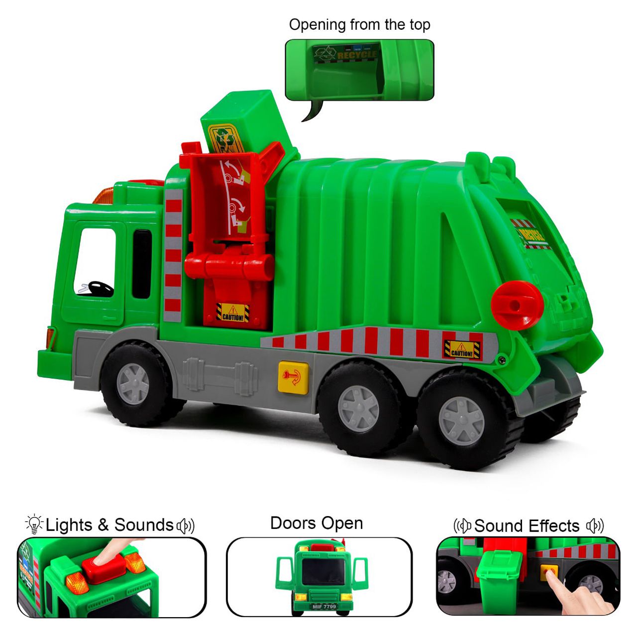Playkidz Kids 15" Garbage Truck Toy with Lights, Sounds, and Manual Trash Lid, Interactive Early Learning Play for Kids, Indoor and Outdoor Safe, Heavy Duty Plastic - image 4 of 7