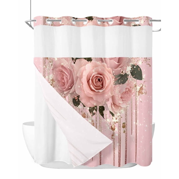 No Hook Shower Curtain with Snap in Liner Rose Flower Shower Curtain -Fabric Waterproof Inner Liner, Floral Gold Glitter Shower Curtains Washable 66"x72"