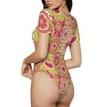 thumbnail image 3 of KLL Women 's Crew Neck Bodysuit Jumpsuits Yellow Flowers Print Short onesies Stretch T Shirts, 3 of 7