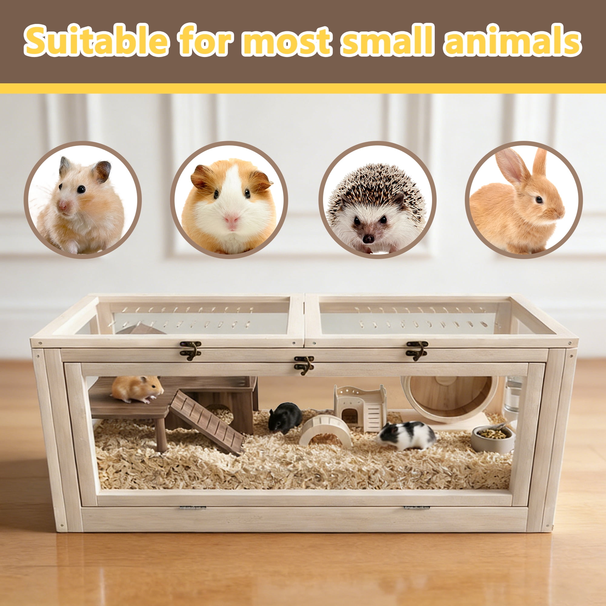 Wooden Hamster Cage, 31.5in Large Guinea Pig House with Stair & Bridge, Chewproof Solid Wood Habitat with Acrylic Ventilation Panels for Guinea Pigs, Chinchillas, Ferrets, Hamsters