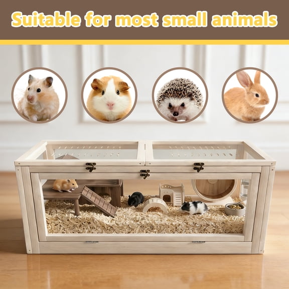 Wooden Hamster Cage, 37.8 in Large Guinea Pig House with Stair & Bridge, Chewproof Solid Wood Habitat with Acrylic Ventilation Panels for Guinea Pigs, Chinchillas, Ferrets, Hamsters​