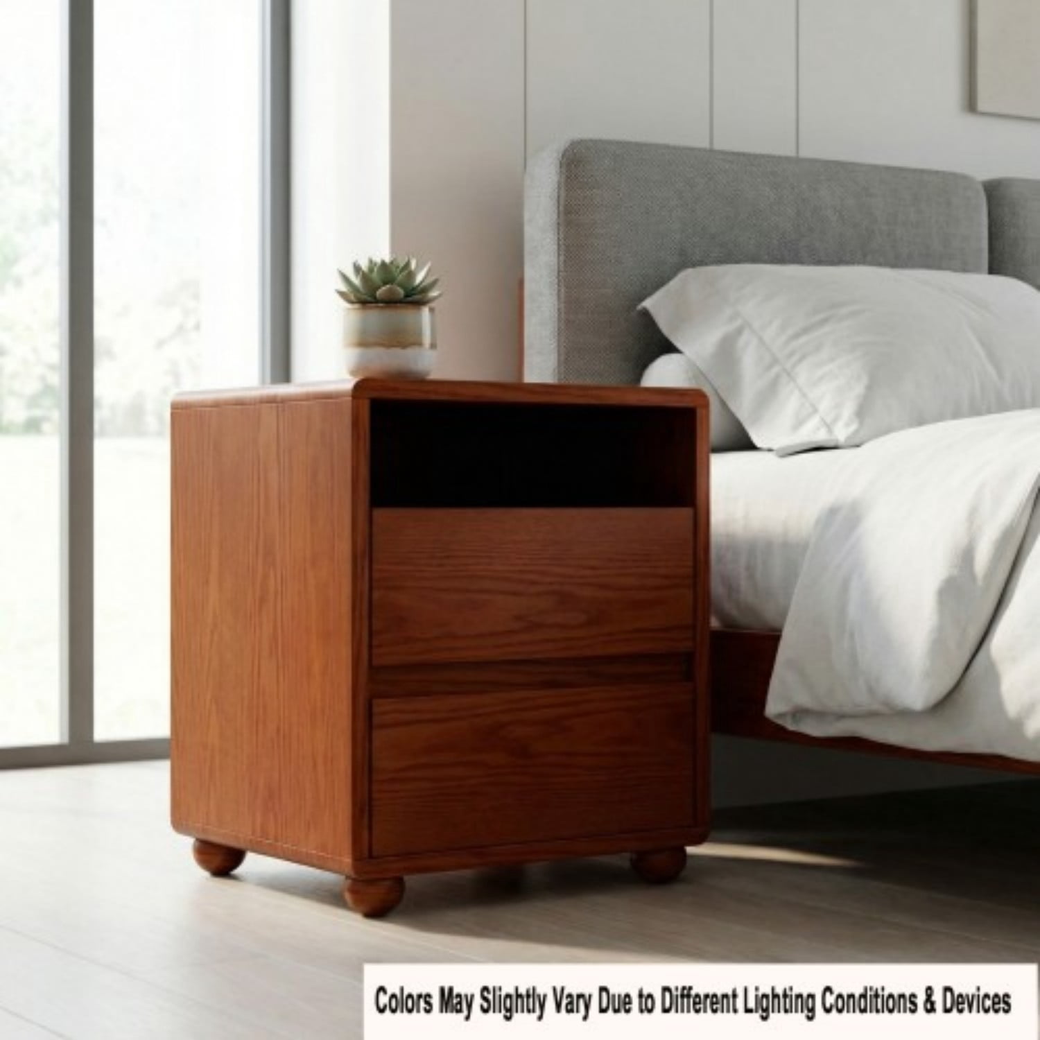 20" Modern Nightstand with Charging Station, 2 Drawers and Open Shelves, Solid Wood Bedside Table with Curved Design, Mid Century Side Table for Bedroom, Living Room, Walnut