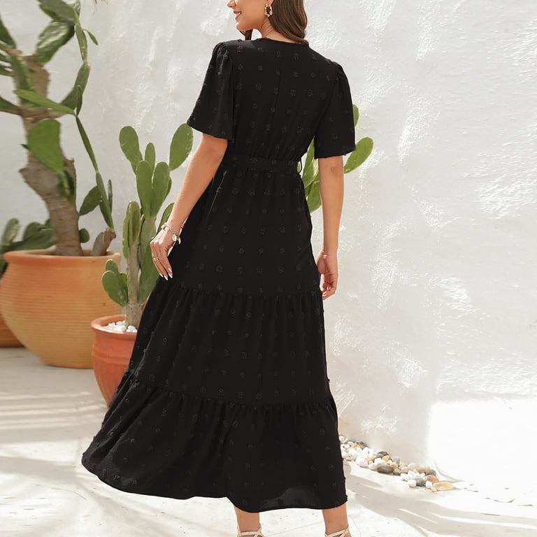 Gaecuw Semi Formal Wedding Guest Dress for Women V Neck Short Sleeve Champagne Dresses Calf Length Maxi Dresses Swing Party Dress Strappy Prom Dresses