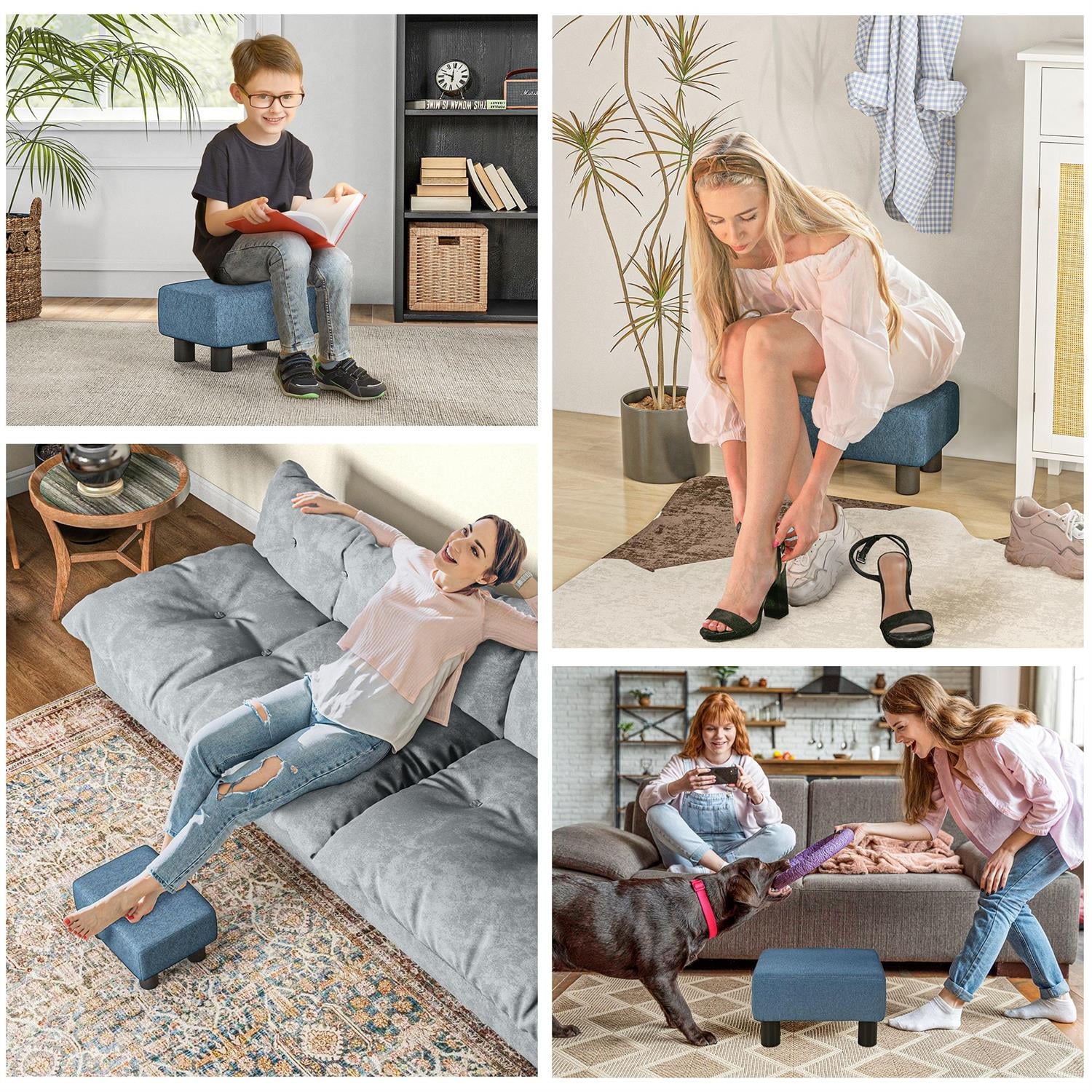 Demi Bonn 15" Compact Ottoman Footrest, Linen Fabric & Plastic Legs Stool, Living Room Cube Footstool, Blue