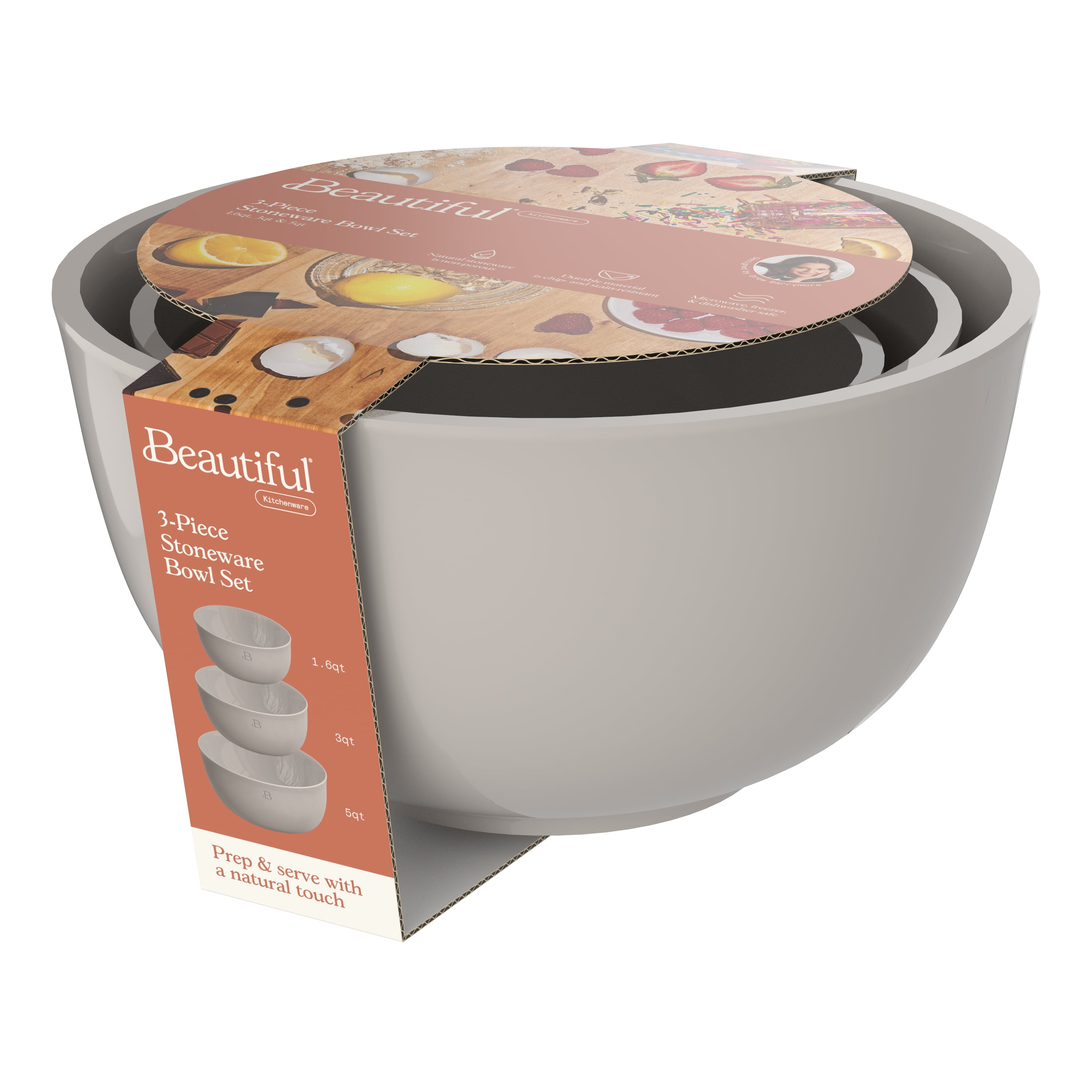 Beautiful by Drew Barrymore 3-Piece Stoneware Nesting Mixing Bowl Set, Porcini Taupe
