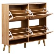 Ktaxon Rattan Shoe Cabinet with 4 Flip Drawers 24 Pairs,Narrow Shoe Storage Cabinet for Entryway, Bedroom, Living Room, Apartment, Natural