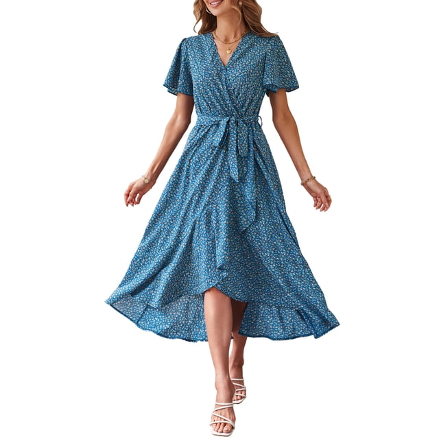 Vestido PRETTYGARDEN Maxi Cruzado con Cuello en V, Estampado Floral y Cinturón XL
