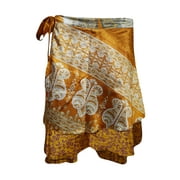 Mogul Yellow Silk Sari Magic Wrap Around Skirt Two Layer Reversible Vintage Mini Skirts