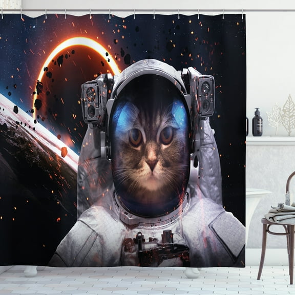 Ambesonne Space Cat Shower Curtain, Clusters Outer Space, 69"Wx70"L, Dark Blue White