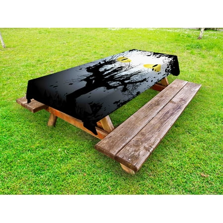 

Horror House Outdoor Tablecloth Scary Eyes Backgrounded Leafless Old Branch Angry Hunt Cat Animal Creature Decorative Washable Fabric Picnic Tablecloth 58 X 120 Inches Yellow Black by Ambesonne
