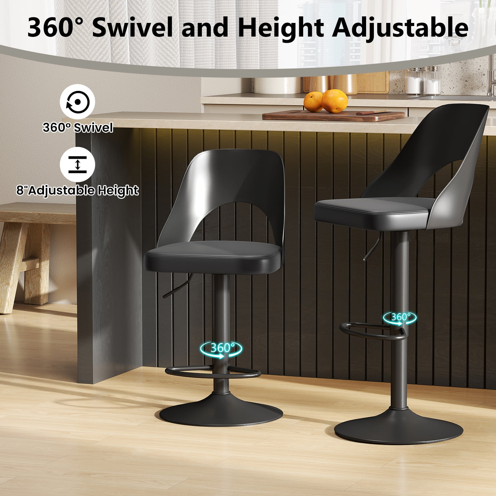 Gymax Bar Stools Set of 2 w/Enlarged PU Leather Seat Footrest Swivel Bar Chairs Black