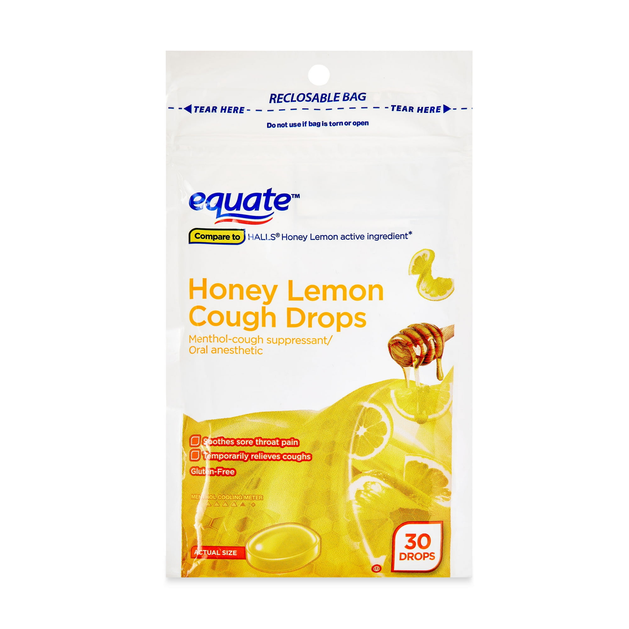 Equate Sore Throat and Cough Relief Menthol Cough Drops, Honey Lemon Flavor, 30 Count, Compare to HALLS® Honey Lemon Active Ingredient