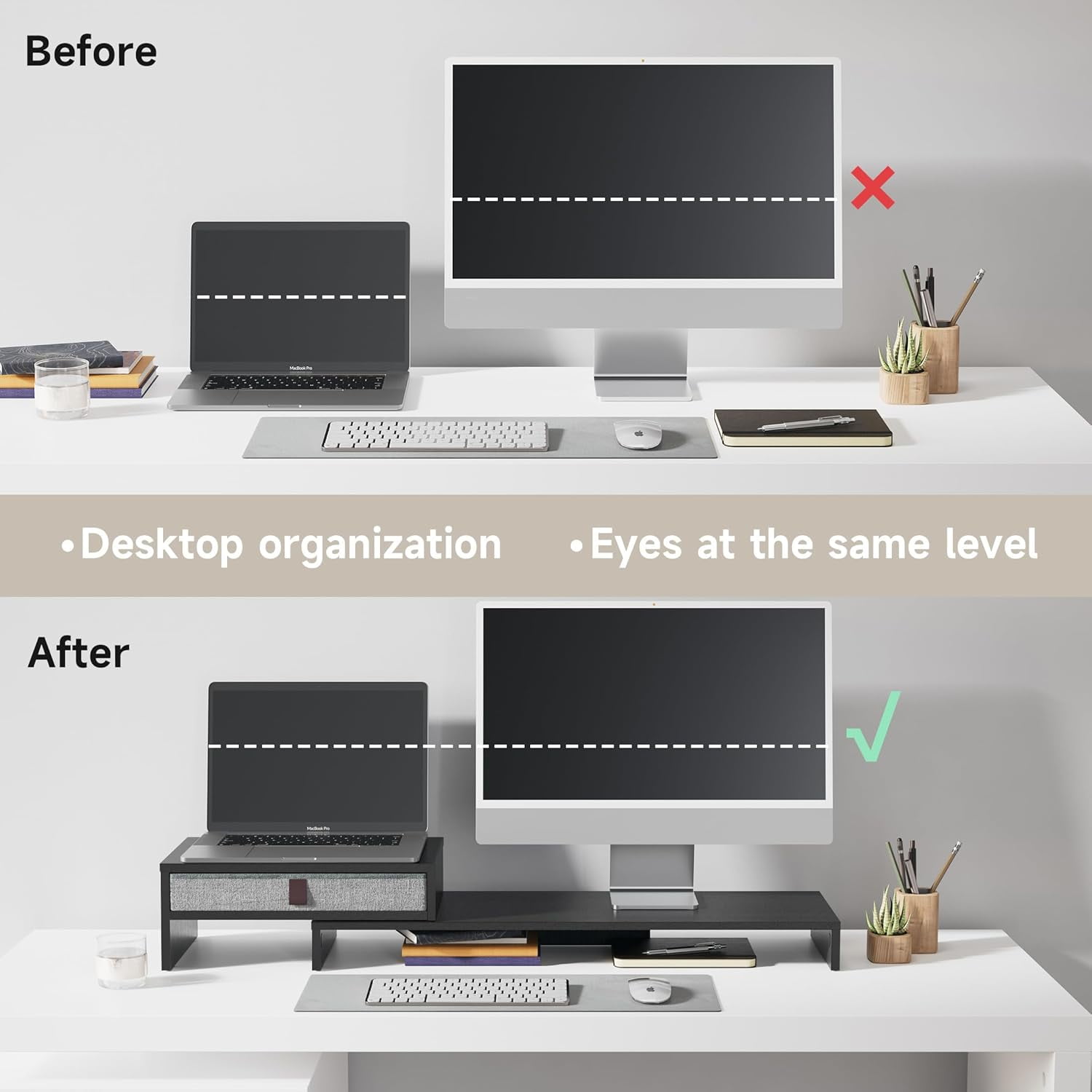 Adjustable Computer Monitor Riser Stand with Drawer for 2-3 Monitors, Ergonomic Height & Length Desktop Organizer for Office, Black