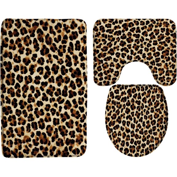 3 Piece Bathroom Rugs Bath Mat Set Leopard Print Cheetah Wild Safari Skin Bath Rugs,U-Shaped Toilet Floor Mat and Toilet Seat Cover