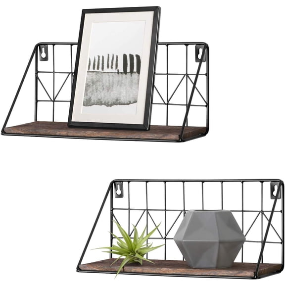 Floating Shelves Wall Mounted Set of 2 Rustic Wood Storage Display Shelf with Metal Wire Basket, Hanging Shelf for Bedroom Bathroom Living Room Kitchen Office,