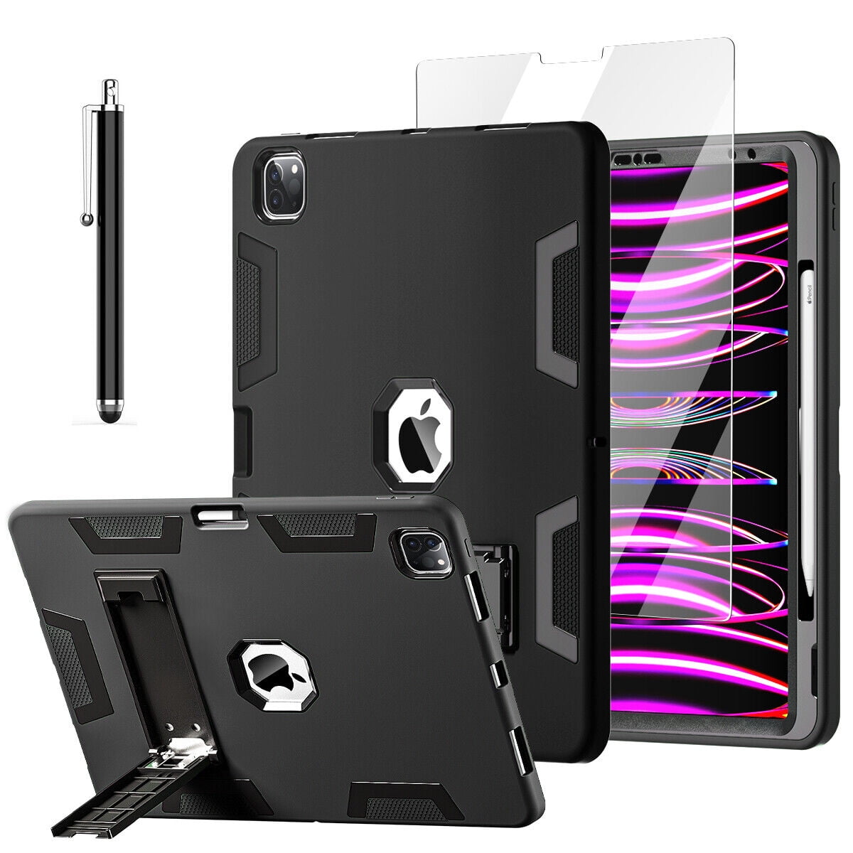 For iPad Pro 12.9 Inch 6th Generation(2022) Case Rugged Kickstand Pencil Storage Heavy Duty Protective Cover (Black)