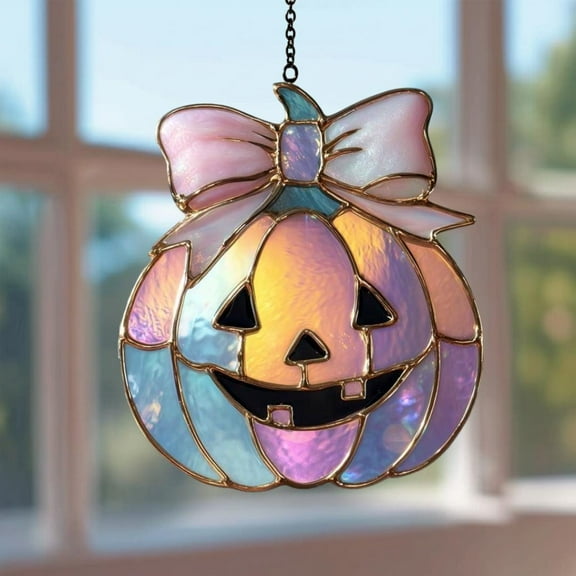 Kawaii Iridescent Pumpkin Suncatcher with Bow, Wavy Acrylic Halloween Window Ornament, Neon Halloween Window Hanging, Fall Spooky Decor