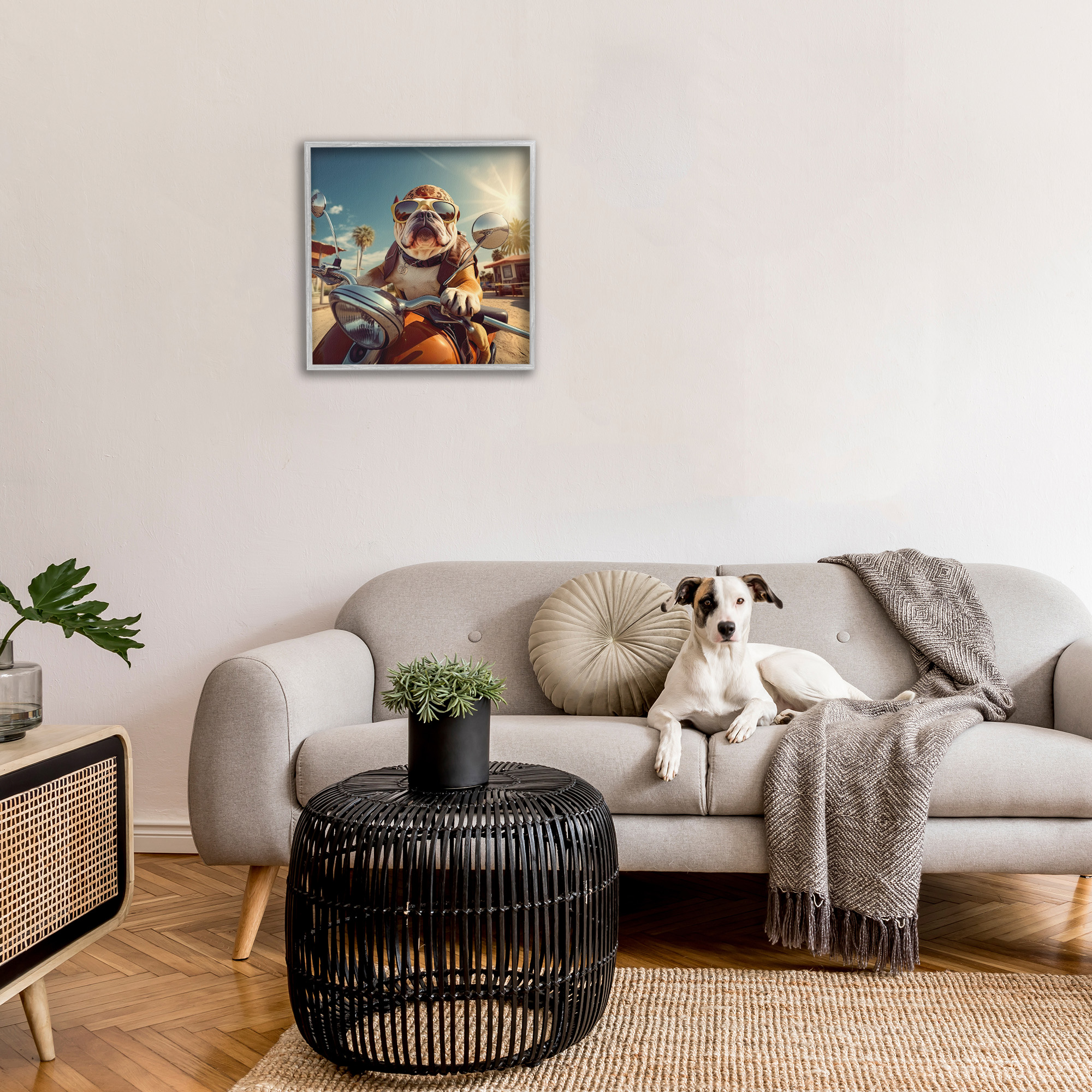 Stupell Industries Summer Motorcycle Dog Animals & Insects Painting Gray Framed Art Print Wall Art, 24 x 24