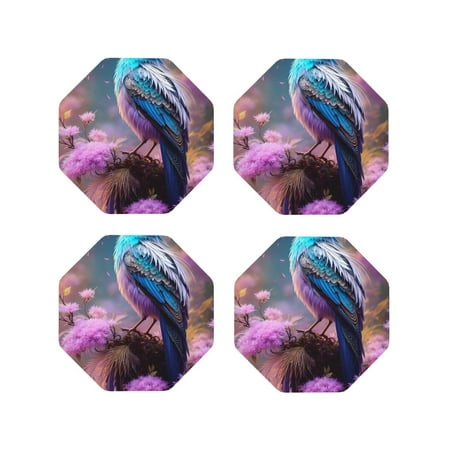 

Fuzoiu Beautiful Flower Blue Bird Print Leather Coasters Set Drink Coasters Set of 4 for Tabletop Protection Durable PVC Coasters Home Décor and Housewarming Gift-Octagon