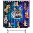 thumbnail image 2 of 4PCS Funny Cat Shower Curtain Set, Waterproof Fabric Shower Curtain, Non-Slip Bath Mat Toilet Rug, Kitty Kitten Riding Shark Blue Ocean Sea Wave Seagull Nautical Hilarious Kids Bathroom Decor, 2 of 7