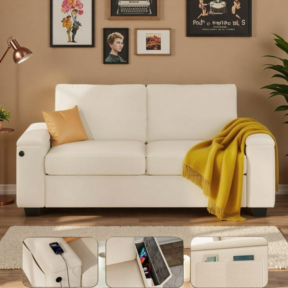 71" Loveseat Sofa, Jolifa Cloud Couch with Wide Storage Armrests & USB/Type-C Port, Solid Wood Frame for Living Room , Beige White (Chenille)