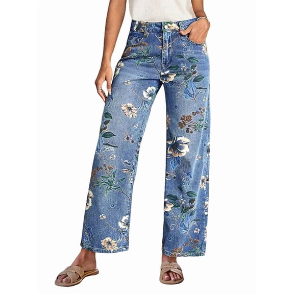 Floral Print Wide Leg Pants for Women Trendy Mid Rise Boho Ankle Cute Jeans Light Blue M