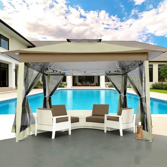 COBIZI 12x12 Outdoor Gazebo Pop Up Gazebo Canopy with Mosquito Netting Patio Tent Backyard Canopy with 2-Tiered Vented Top 3 Adjustable Height, Beige