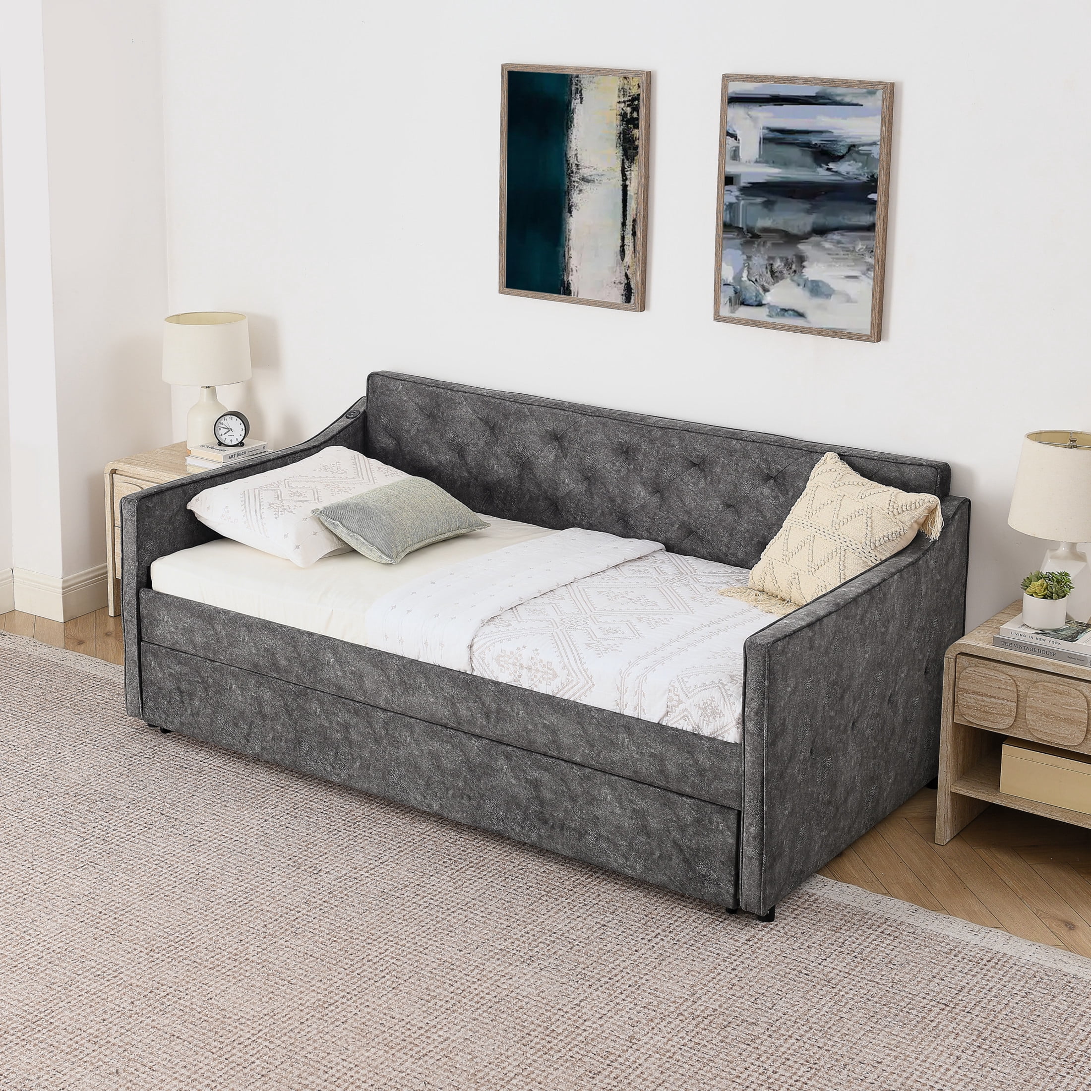 Noble House Belric Twin Size Velvet Tufted Daybed, Sofa Bed Frame with Pop-Up Trundle and Built-In Charging Port, Grey