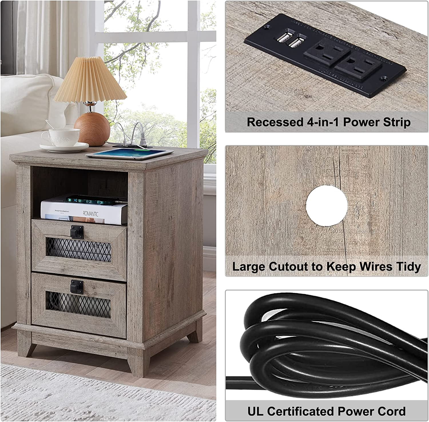 OKD 2-Drawer Wooden Nightstand with Charging Station for Living Room, Modern Square End Table, Light Rustic Oak