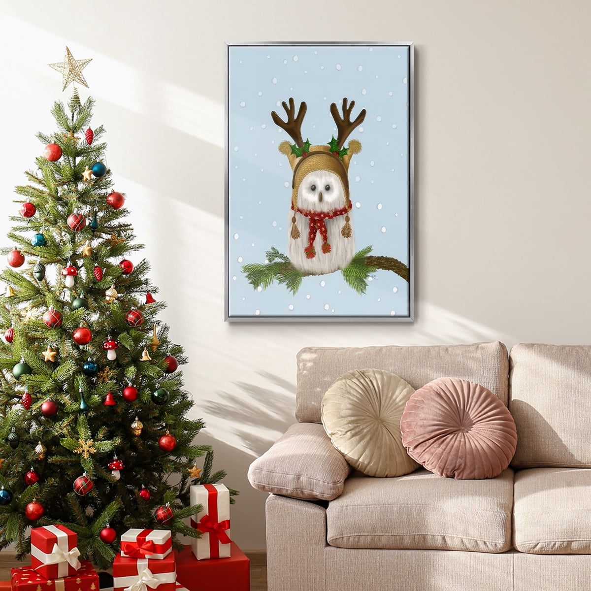 Christmas Fluffy Owl and Antlers - Framed Gallery Wrapped Holiday Canvas - 25 x 37 - Silver Frame