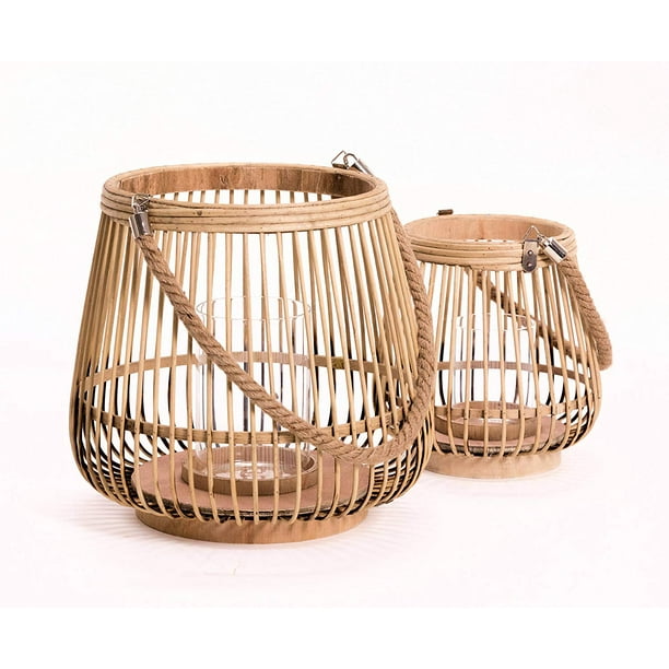 Key West Belly Hurricane Lanterns, Set of 2, Bamboo Lattice, Rope