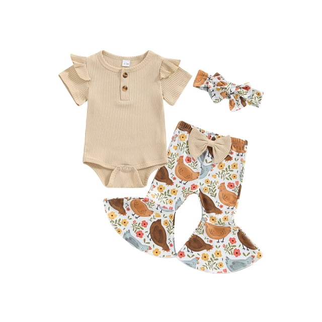 EYIIYE Toddler Baby Girl 3Pcs Summer Outfits 0 3M 6M 12M 18M Infant Short Sleeve Jumpsuits Ribbed Ruffled Rompers with FloralChick Flare Pants Headbals Fashion Cute Casual Clothes for Daily