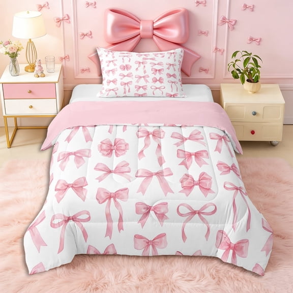 Erosebridal Girls Cartoon Bowknot Twin Comforter Sets 3-Piece,Dreamy Princess Bow Bedding Set for Teens Women,Pink Reversible,Breathable Home Decor