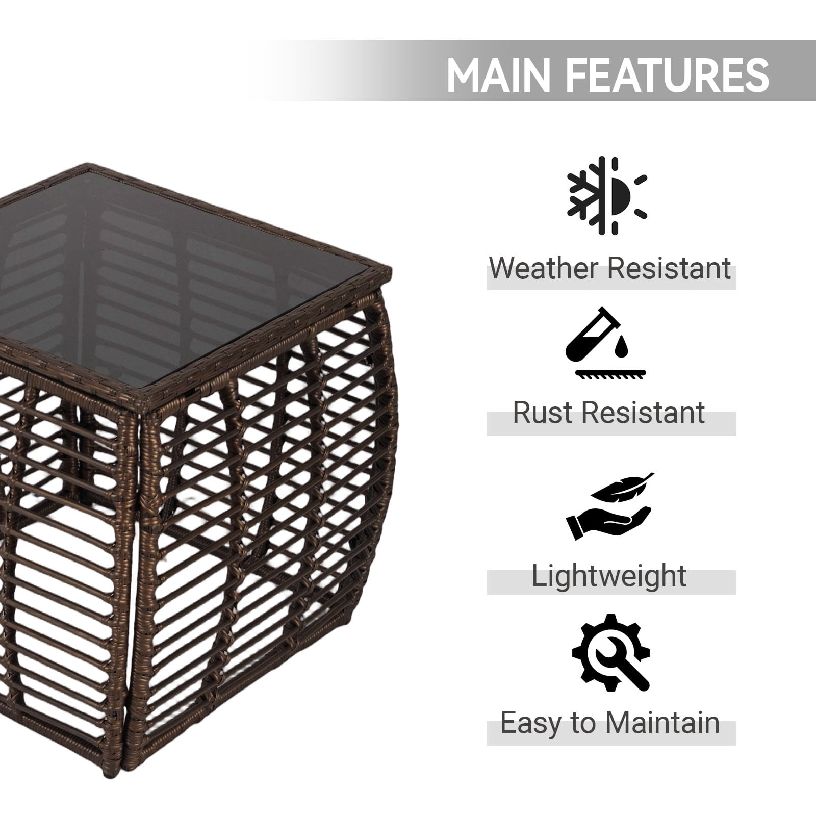 Kinbor Square Outdoor Wicker Side Table – Patio End Table with Tempered Glass Top, All-Weather Rattan Coffee Table for Balcony, Porch, Deck, Garden, Black Gold