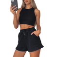 thumbnail image 3 of Women Summer Lounge Sets Casual Waffle Knit Crop Top Shorts Outfits 2 Piece Sets Sleepwear Black S, 3 of 8