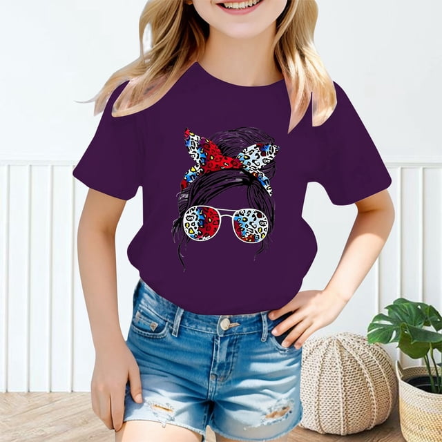 Hauts et Chemises pour Filles, Vêtements Décontractés pour Enfants, Imprimé Graphique, Col Rond, Manches Courtes (Catégorie de Produits, T-Shirts et Chemises pour Filles, Titre du Produit, Imprimé Graphique Mignon, Col Rond, Court)