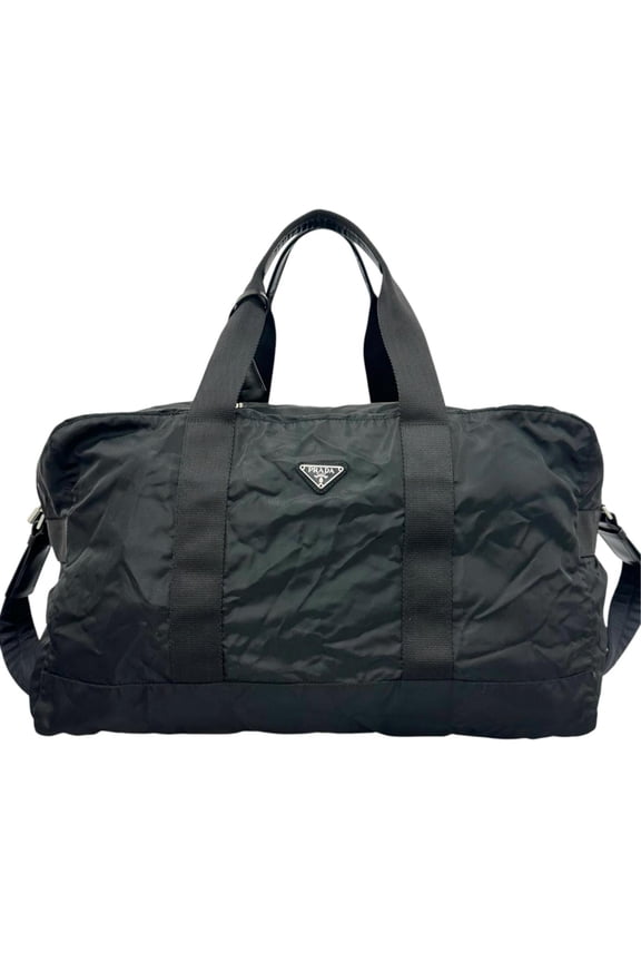 Pre-Owned PRADA Triangle Logo Boston Bag, Nylon, Black, Men's & Women's