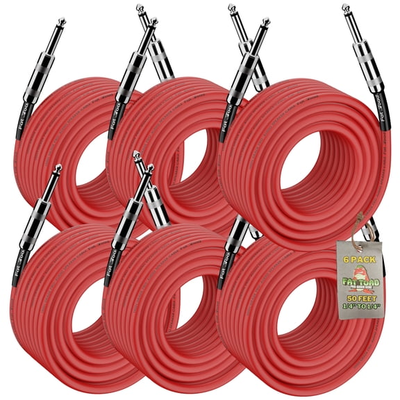 6 PACK - Speaker Cables by Fat Toad 50FT DJ PA Professional Pro Audio Red Patch Cords 1/4 to 1/4 Quarter Inch Male Jack 12 AWG Gauge Wire for Amp, Music Studio Recording & Performance Stage Gear