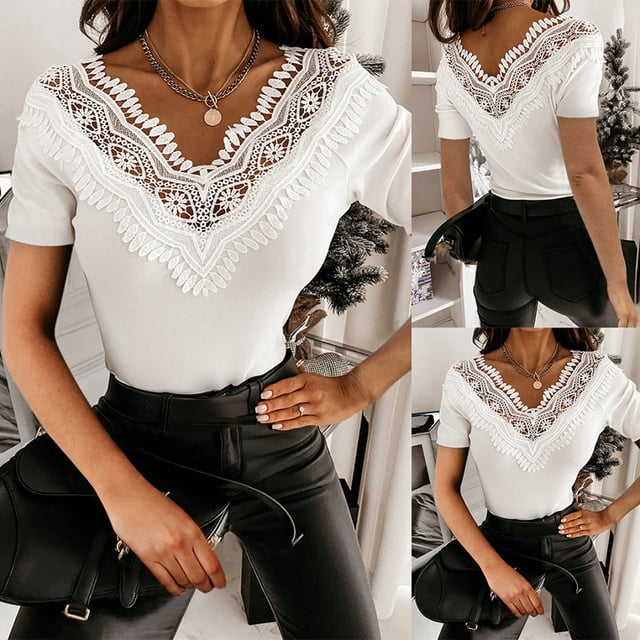 Fiudx Liquidación de Ofertas Flash Moda Mujer Manga Corta Encaje Ahueca Hacia Fuera Slim Sexy Blusa Casual Tops