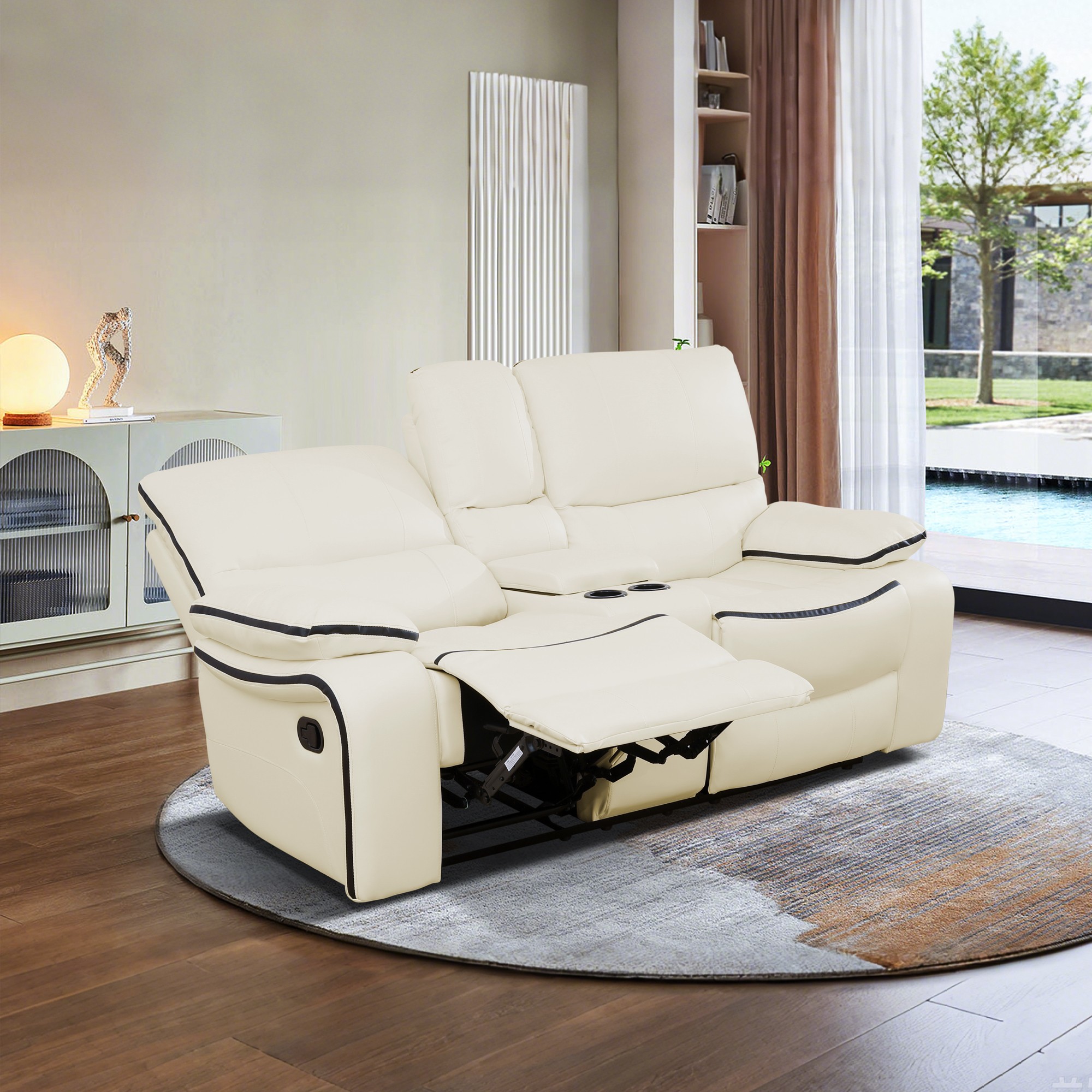 Gewnee 2-Seat Smart Sofa, Air Leather & Solid Wood Frame, Built-in Cup Holder, Adjustable Recline for Living Room Home Relaxation, Off-white