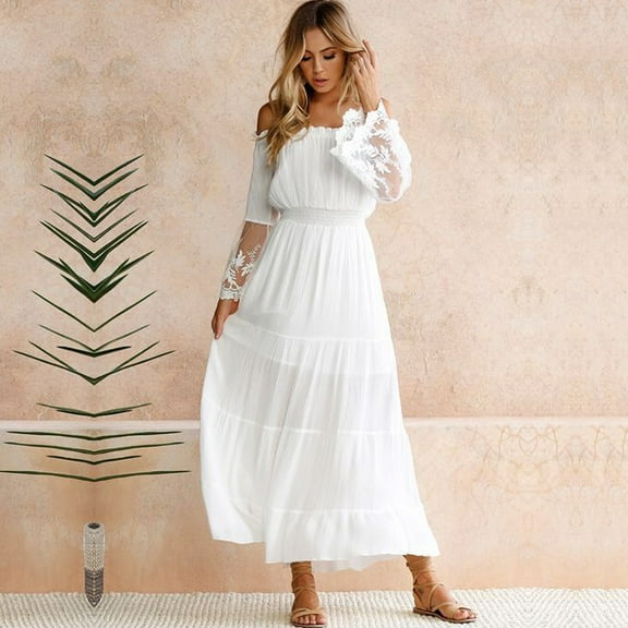 Women Maxi Long Dress Off the Shoulder Lace Flare Sleeve Elegant Evening Party Boho Dress White/Black