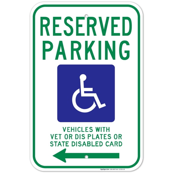 Wisconsin Handicap Parking Sign, Reserved Parking Vehicles Vet Plates Or State Disabled Card Left Arrow Sign, 12x18 Aluminum