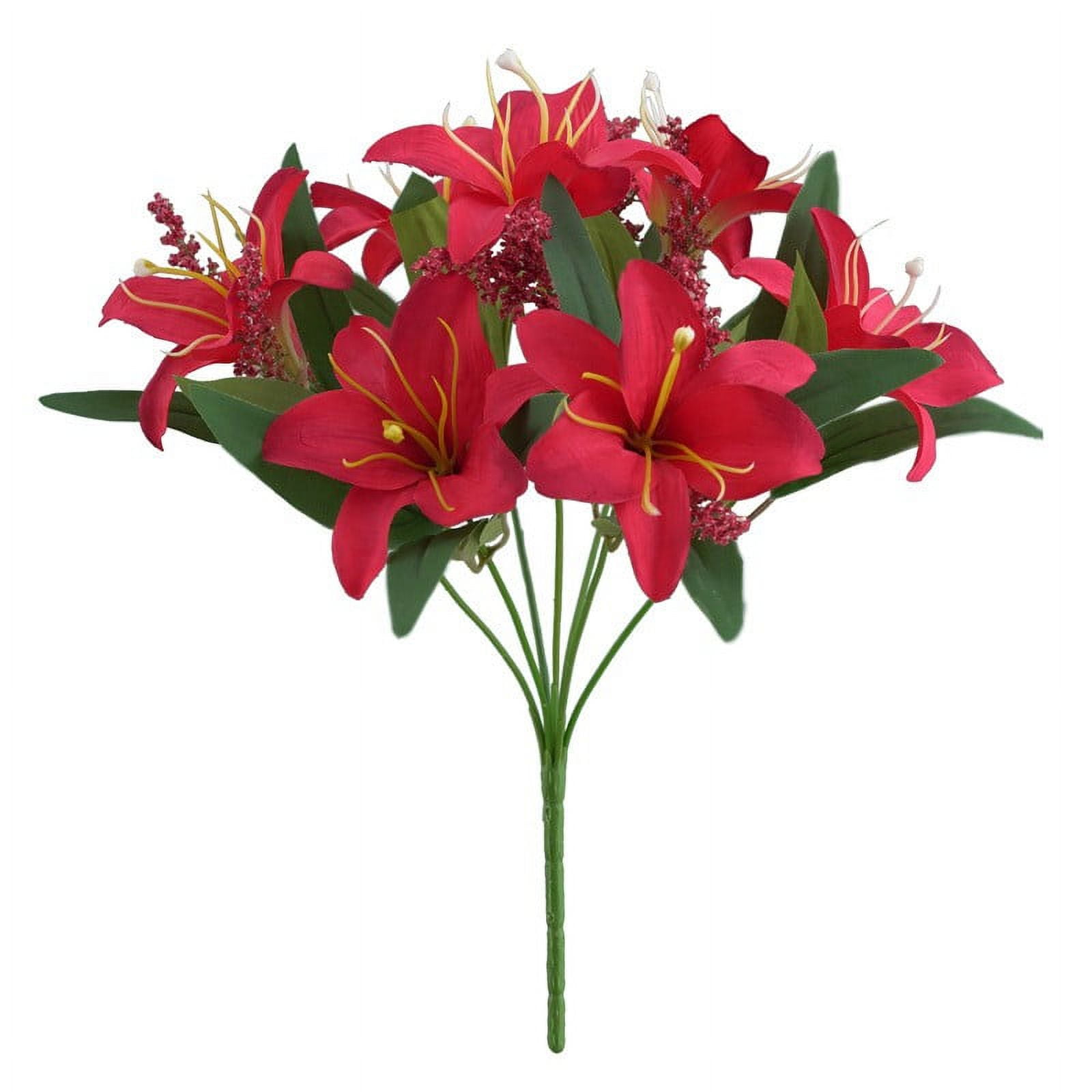 AZXY 7 Heads Artificial Flowers Clearance,Artificial Lilies,Fake Flower Decor,Red Lilies Faux Flower Bouquet for Cemetery Indoor Outdoor Decoration