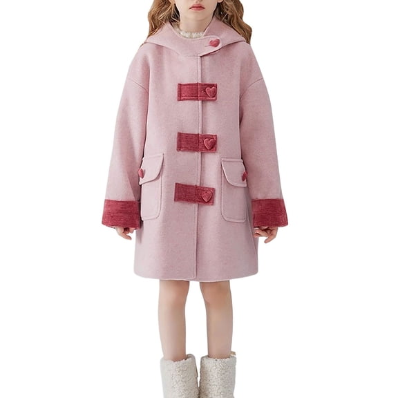 Mercatoo Teen Girls Winter Dress Coat Fleece Lined Button Peacoat with Hooded Kids Warm Long Jackets Casual Fuzzy Overcoat