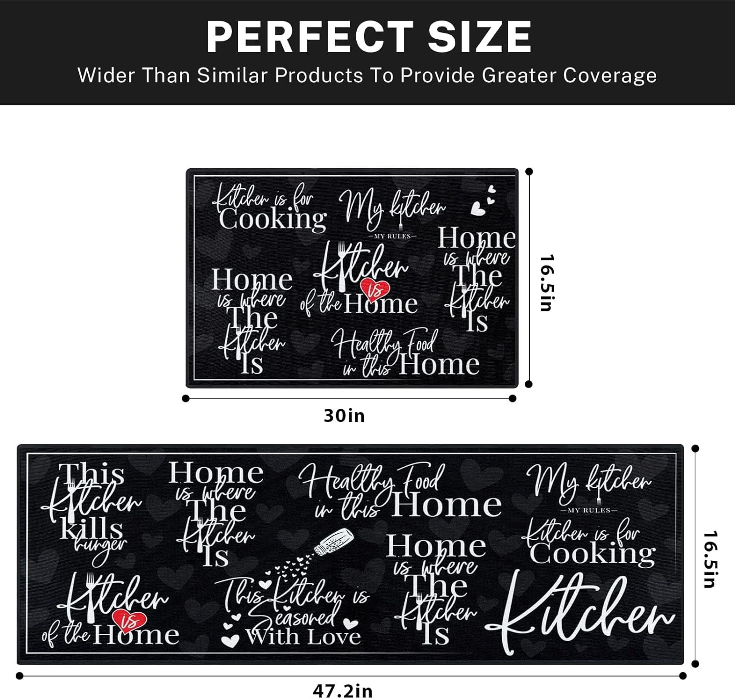 Black White Kitchen Rugs and Mats Non Skid Washable Set of 2, Phrase Doodle Blackboard Kitchen Mats for Floor, Cooking Phrase Kitchen Runner Rug, Funny Home Kitchen Decor