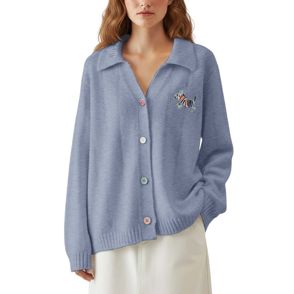 Oversized Cardigans Women Elegant Embroidered Puppy Knit Sweater With Lapel Collar For Cozy Casual Outerwear Coats