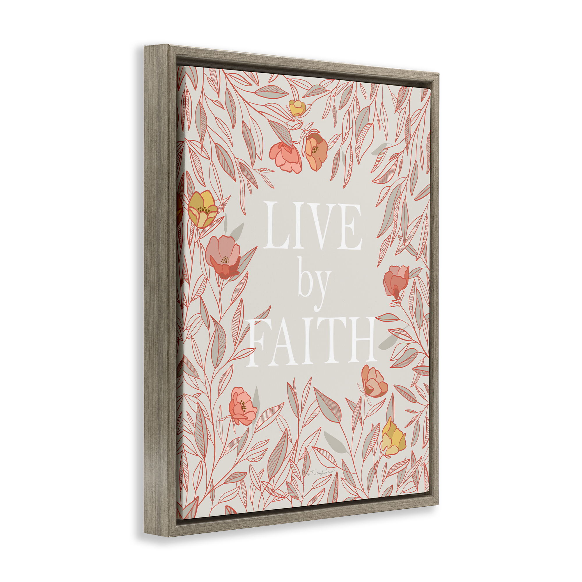 Live By Faith Rosy Florals Brown Framed Floater Canvas Wall Art, design by Kelley Talent