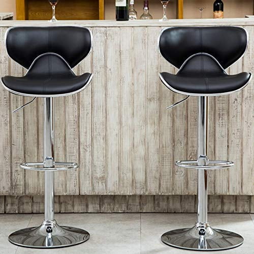 Roundhill Furniture Masaccio Cushioned Leatherette Upholstery Airlift Adjustable Swivel Barstool with Chrome Base, Set of 2, Black