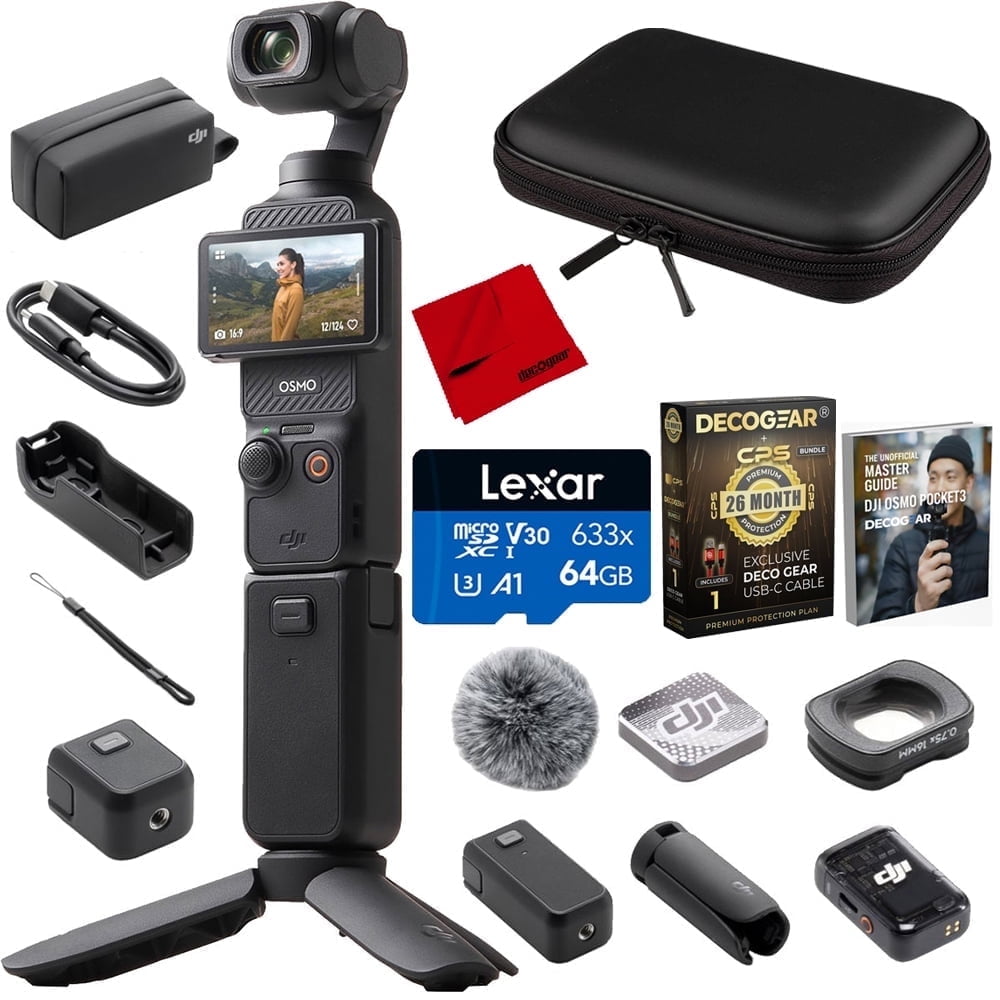 DJI CP.OS.00000302.01 Osmo Pocket 3 Creator Combo 4K 120fps Handheld 3-Axis Gimbal Bundle with CPS 26 Month Protection Pack, 64GB Card, 10" Case, HDMI Cable, Cleaning Cloth and Deco Gear Master Guide