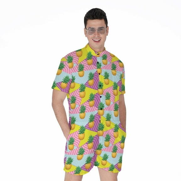 Zigzag Pineapple Pattern Short Sleeve Men'S Rompers, Pineapple Aloha Tropical Fruits Hawaiian Casual Summer Jumpsuits Outfit